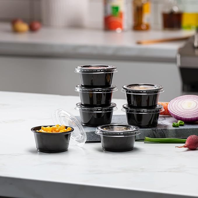(2 oz - 100 Sets) Black Diposable Plastic Portion Cups With Lids, Small Mini Containers For Portion Controll, Jello Shots, Meal Prep, Sauce Cups, Slime, Condiments, Medicine, Dressings, Crafts