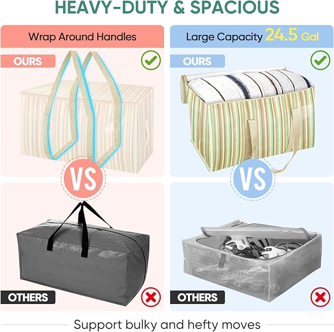 BALEINE 4-Pack Oversized Moving Bags with Reinforced Handles, Heavy-Duty Storage Tote for Clothes, Moving Supplies (Color Strip, 4-Pack)