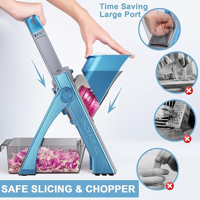 Upgrade Safe Mandoline Slicer for Kitchen, Vegetable Chopper and Slicer, Potato Slicer Thickness Adjuster, French Fry Cutter, Veggie Onion Dicer Faster Kitchen Mandolin for Meal Prep (Blue)