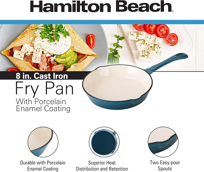 Hamilton Beach Enameled Cast Iron Fry Pan 8-Inch Navy, Cream Enamel Coating, Skillet Pan for Stove Top and Oven