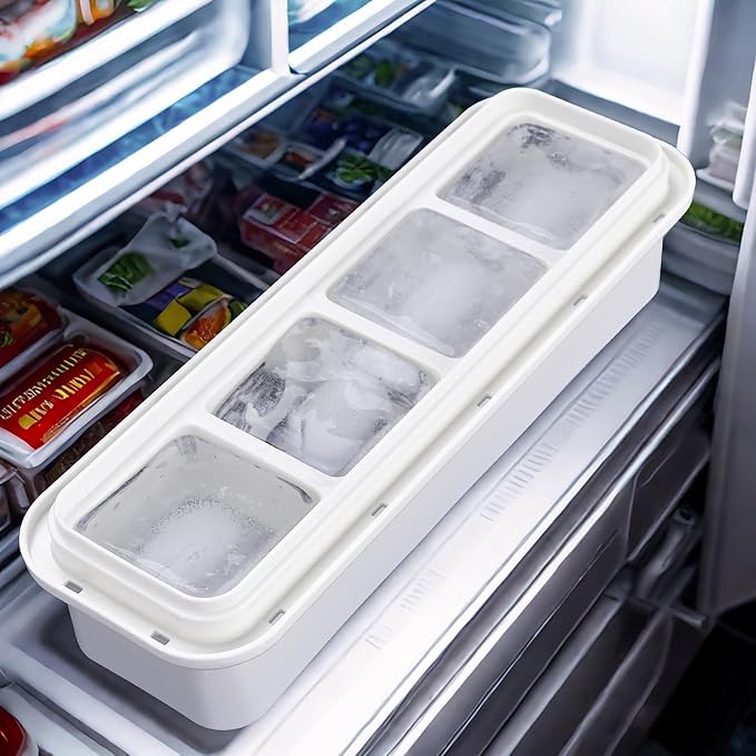 Premium Silicone Ice Cube Trays with Lid - BPA-Free, Easy-Release Reusable Ice Cubes, Perfect for Cocktails & Beverages, Stackable Ice Molds for Whiskey, 4-Cavity Portion Freezing Tray for Soup, Stews