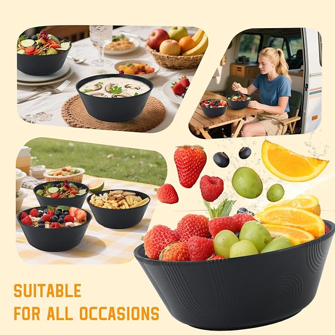 Homienly Cereal Bowl, Large Soup Bowl Set, Wheat Straw Bowl with Textured Design - 36oz Bowl Set, 6 PCS Microwave and Dishwasher Safe Bowls, Bowls for Kitchen, Serving Soup,Ramen,Pho,Salad - Black