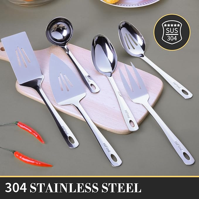 Serving Utensils Set, Stainless Steel Serving Utensils 6 PCS, Durable Heavy Duty Serving Ladle, Solid Serving Spoon, Slotted Serving Spoon, Slotted Turner, Cake Server, Serving Fork