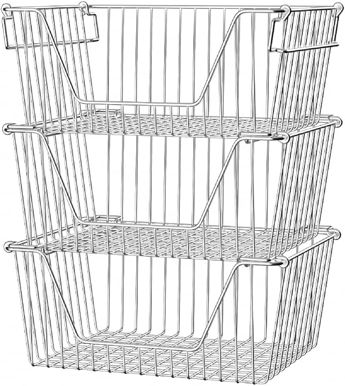 Slideep Large Stackable Storage Baskets Cabinet Organizer Sturdy Metal Wire Pantry Freezer Bin for Pantry Home Bathroom Kitchen Organization 3 Packs