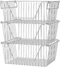 Slideep Large Stackable Storage Baskets Cabinet Organizer Sturdy Metal Wire Pantry Freezer Bin for Pantry Home Bathroom Kitchen Organization 3 Packs