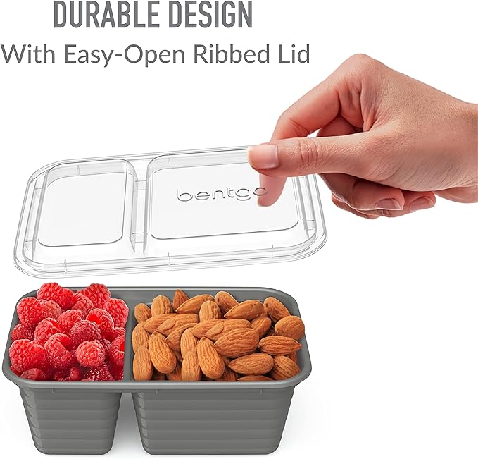 Bentgo Prep - 2-Compartment Snack Containers with Lids - Reusable, Microwaveable, Durable, PFAS & BPA-Free, Freezer and Dishwasher-Safe Meal Prep Food Storage - 10 Trays & 10 Lids (Pewter)