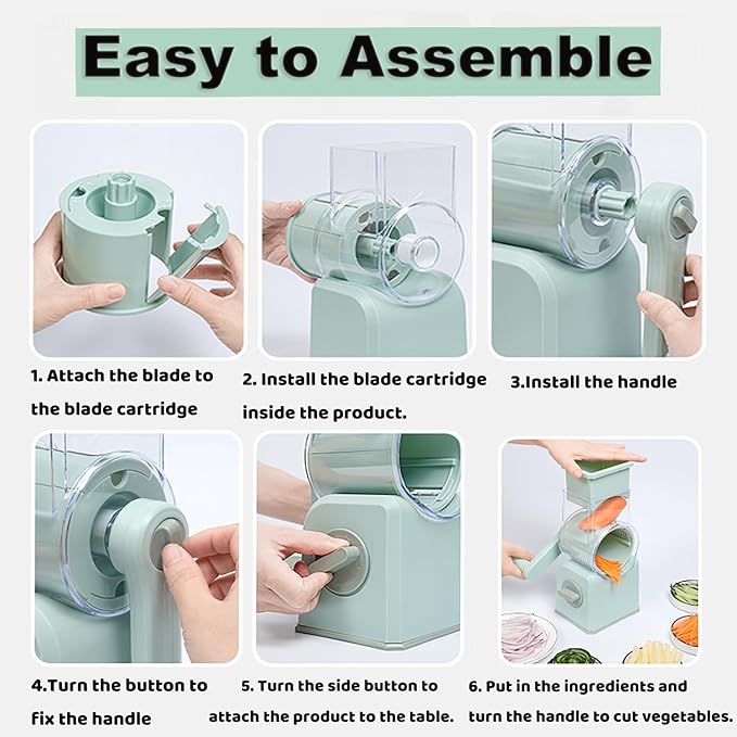 5-in-1 Rotary Cheese Grater with Handle,Multifunctional Manual Vegetable Shredder with Interchangeable Blades,Strong Suction Base，Effortless Shredding for Cheese,Nuts,Fruits,Veggies (green)