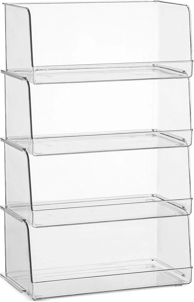 Set Of 4 Clear Pantry Organizer Bins Stackable Household Plastic Food Storage Basket with Wide Open Front for Kitchen, Countertops, Cabinets, Refrigerator, Freezer, Bedrooms, Bathrooms