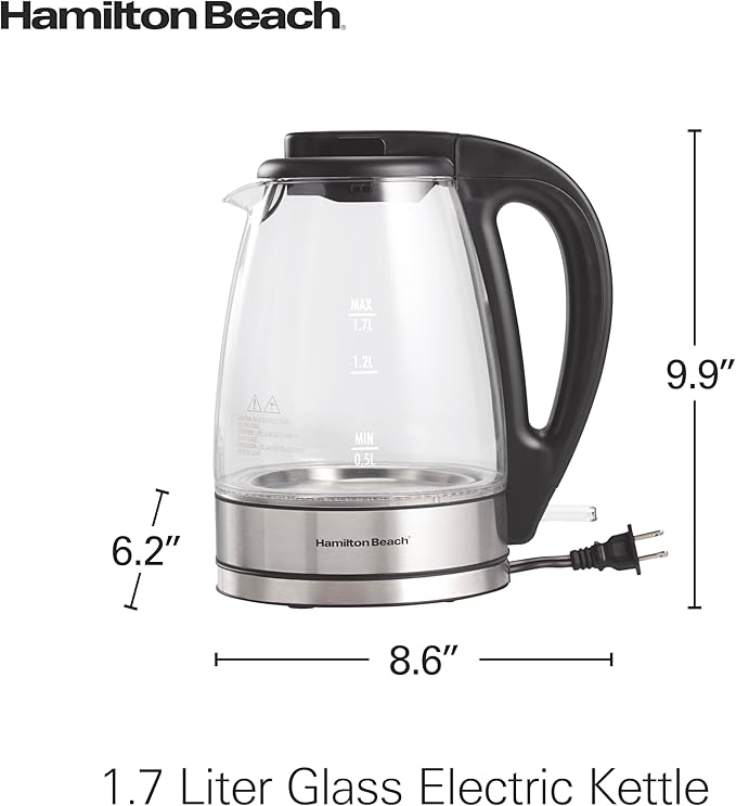 Hamilton Beach 1.7L Electric Kettle, Water Boiler & Heater, LED Indicator, Built-In Mesh Filter, Auto-Shutoff & Boil-Dry Protection, Cordless Serving, Clear Glass (40864)