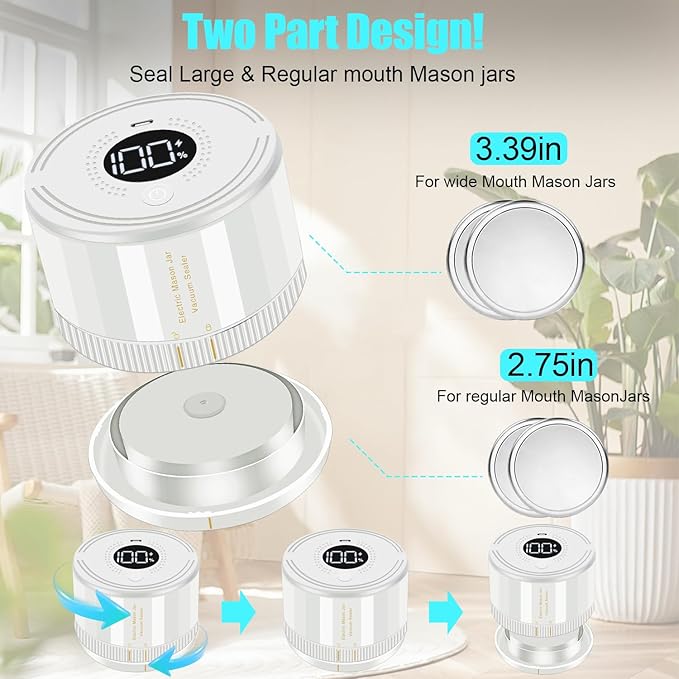 Auto Stop Electric Mason Jar Vacuum Sealer, Vacuum Sealer Kit for Wide Mouth and Regular Mouth Mason Jars with Food Storage Labels for Freshness and Preservation