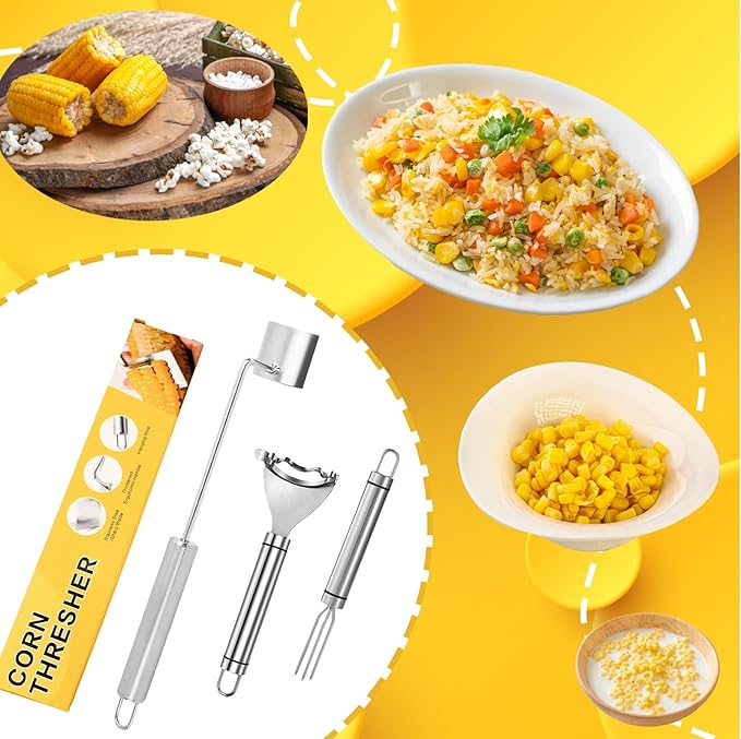 Corn Peeler Stainless Steel Corn Stripper Tool Set, 3 Pieces Peel Corn Cob Separator Quick for Kitchen Dining Enthusiasts Gadget