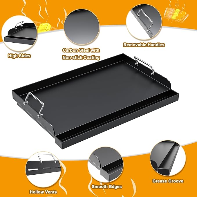Universal Flat Top Griddle for Gas/Charcoal/Electric Grill, 25" x 16.5" Nonstick FlatTop Carbon Cooking Pan for Weber, Nexgrill, Charbroil, Camp Chef Grill Plate Teppanyaki Insert with Silicone Gloves