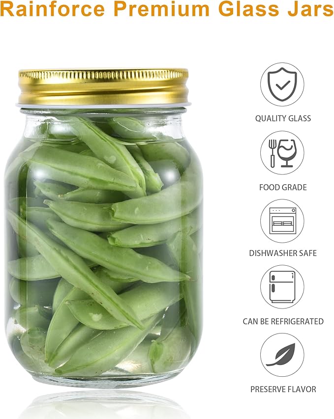 16 oz Mason Jars With Lids Regular Mouth 15 Pack-16 oz Glass Jars with Gold Lids,Bulk Pint Clear Glass Jars For Meal Prep, Food Storage With 20 Labels