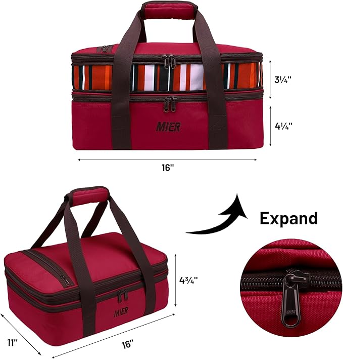 MIER Insulated Double Casserole Carrier Thermal Lunch Tote for Potluck Parties, Picnic, Beach, Fits 9 x 13 Inches Casserole Dish, Expandable by Mid Zipper, Burgundy