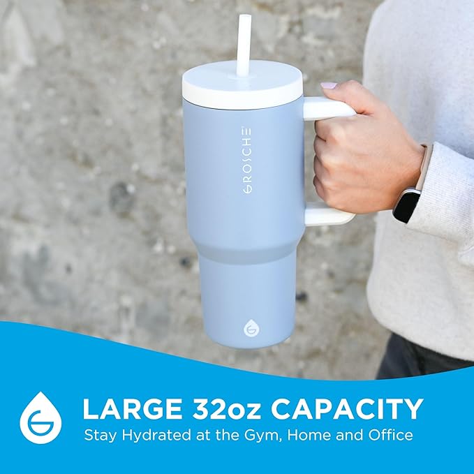 GROSCHE ASPEN 32 oz Tumbler with Handle and Straw. Extreme Insulation, Classy Design, Built to Last Insulated Stainless Steel Tumbler with Handle, Lid and Straw - Sky Blue