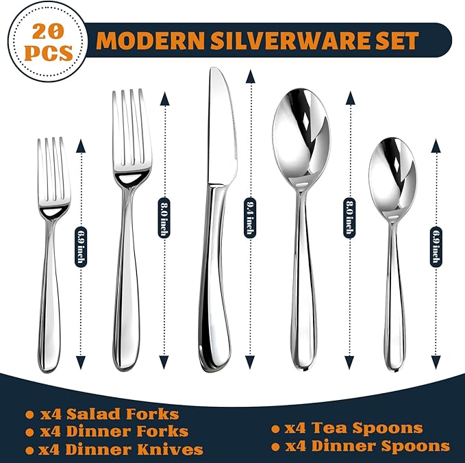 Silverware Set for 4, Heavy Duty Stainless Steel Cutlery Set Flatware Set,20 Piece Premium Silverware, Mirror Polished Modern Cutlery include Fork Knife Spoon Set,Dishwasher Safe