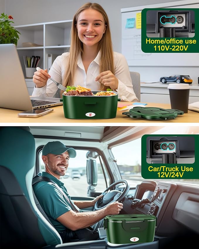 Electric Lunch Box for Men, Women & Adults - 80W Fast Heating - Heated Lunch Box with Dual 1.5L SS Containers - Portable Food Warmer for Car, Truck, Office-GN