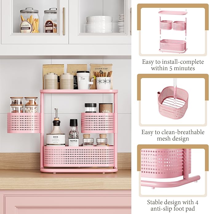 KINGRACK 3 Tier Bathroom Organizer Countertop, Multi-Purpose Makeup Organizer, Rotating Desktop Skincare Organizer, Vanity Tray Standing Rack for Bathroom, Pink