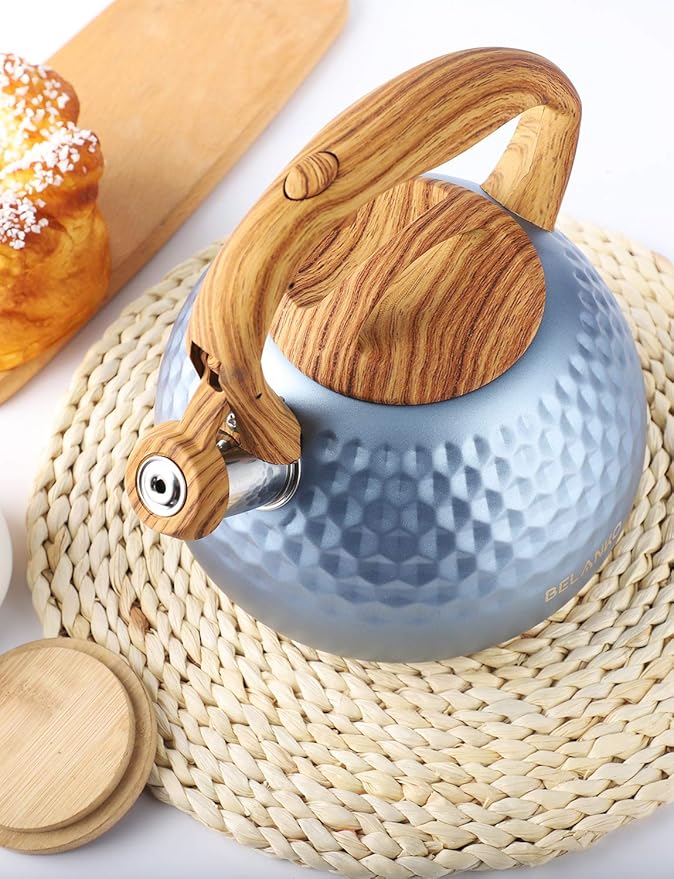 BELANKO 2.7 Quart Tea Kettle for Stovetop - Food Grade Stainless Steel with Diamond Texture, Designer Teapot Look, Cool-Touch Wood Pattern Handle, Whistling Spout - Glacier Blue