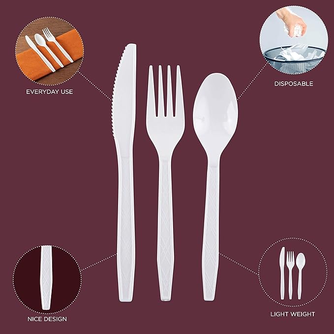 Party Bargains White Plastic Cutlery 360 pcs: 180 Forks, 120 Spoons, 60 Knives. Argyle Design, Heavy Duty & Solid Disposable Silverware Utensils Combo Pack Set for Weddings, Buffets, Luncheons