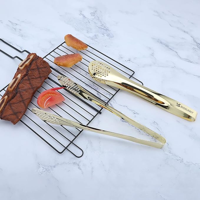 MSY BIGSUNNY Stainless Steel Buffet Tongs - Kitchen Food Tong for Cooking and Serving (Gold 11" Serving Tongs)