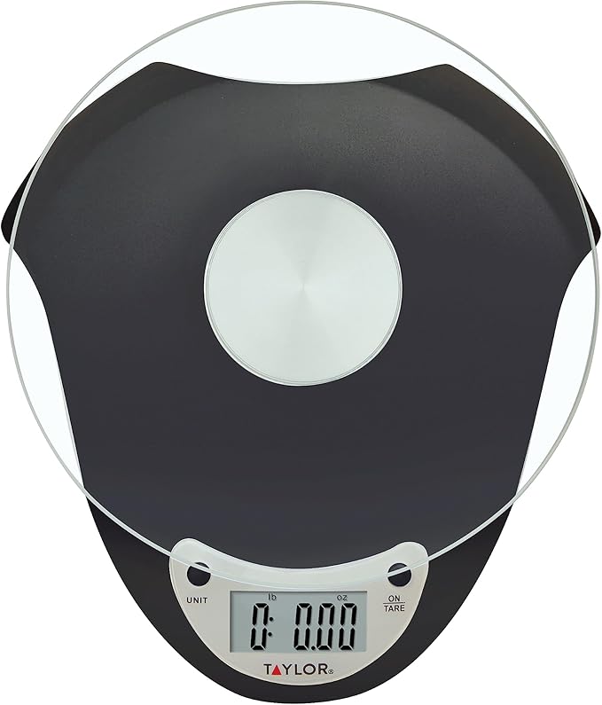 Taylor Digital Kitchen Scale with Glass Platform, Tare Button, and Plastic Body Weighs up to 11 Pounds Capacity, Black