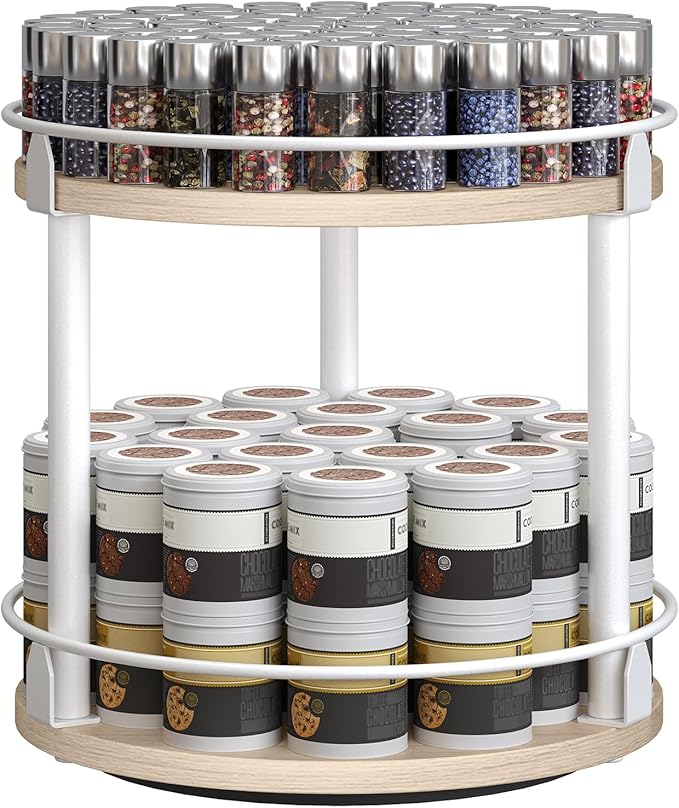 Lazy Susan Organizer, Rotating Spice Rack, 2 Tier Spice Turntable Organizer, Industrial Turntable Spice Holder, for Kitchen Countertop, Compact and Versatile, White and Light Oak SR22WG