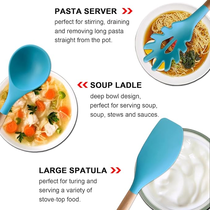 Kitchen Utensils Set 6-Piece Non-Stick Silicone Cooking Utensils Set, Wood Handle Heat Resistant Spatula Spoon Turner Ladle Pasta Server Cooking Kitchen Gadgets BPA Free for Nonstick Cookware