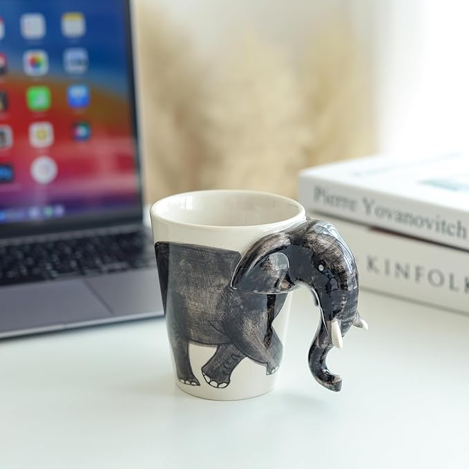 IYARA CRAFT 3D Elephant Coffee Mug 11oz - Handle is Sculpted Trunk, Cute Wildlife Design, Quality Ceramic, Microwave & Dishwasher Safe, Ideal for Tea & Hot Chocolate, 4.5" x 5"… (Black trunk down)