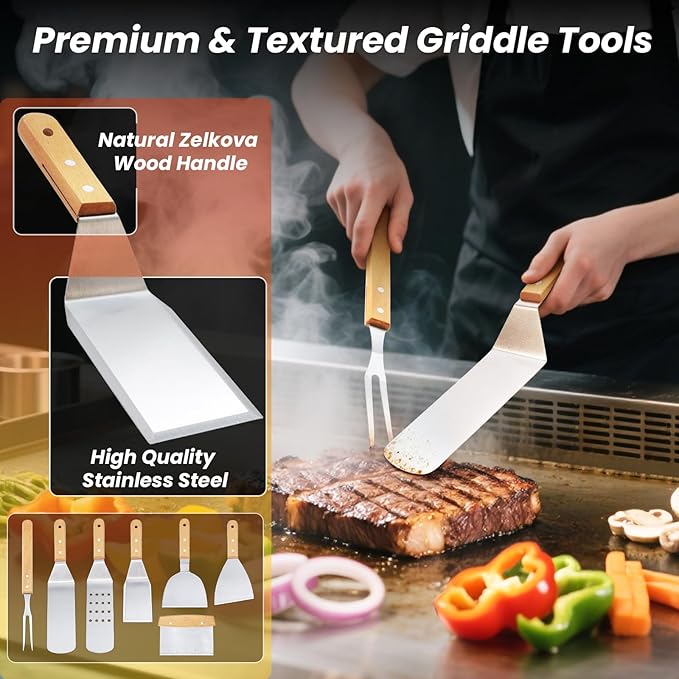 33PCS Griddle Accessories Kit, Flat Top Grill Accessories Set for Blackstone and Camp Chef, Stainless Steel Grill Spatula Set with Enlarged Spatulas, Basting Cover, Burger Press for Outdoor Barbecue