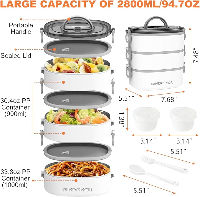 Lunch Box, Stackable 3 Layers Containers, Portable 94OZ Large Capacity Leakproof Bento Box with Spoon & Fork & Sauce Boxes, Microwave Safe Lunch Box for Kids and Adults