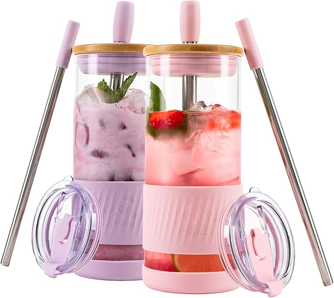 Pandaloo® Glass Cups With Lids and Straws -20 Fl Oz- Perfect Size Iced Coffee Cup - Smoothie Cup With Bamboo Lid and On the go Lid - Glass Tumbler (2 Count (Pack of 1), Lilac-Pink)