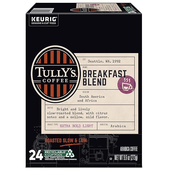 Tully's Coffee Breakfast Blend Keurig Single-Serve K-Cup Pods, Light Roast Coffee, 96 Count