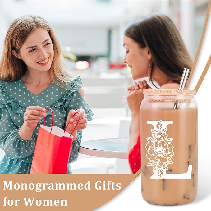 Coolife Initial Glass Cup, Monogrammed Gifts for Women, 16 oz Glass Cups w/Lids Straws, Iced Coffee Smoothie Beer Tumbler w/Straw Lid - Personalized Christmas, Birthday Gifts for Her Mom Friend Woman