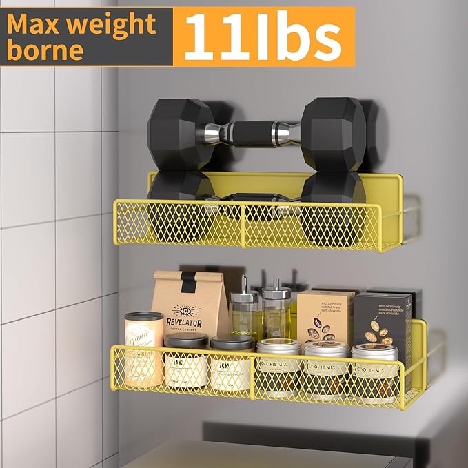 Magnetic Spice Rack for Refrigerator, 4 Pack 100% Metal Strong Magnet Fridge Shelves, Space Saving Spice Organizer, No Drilling Moveable Home Kitchen Laundry Room Storage Organization, Yellow