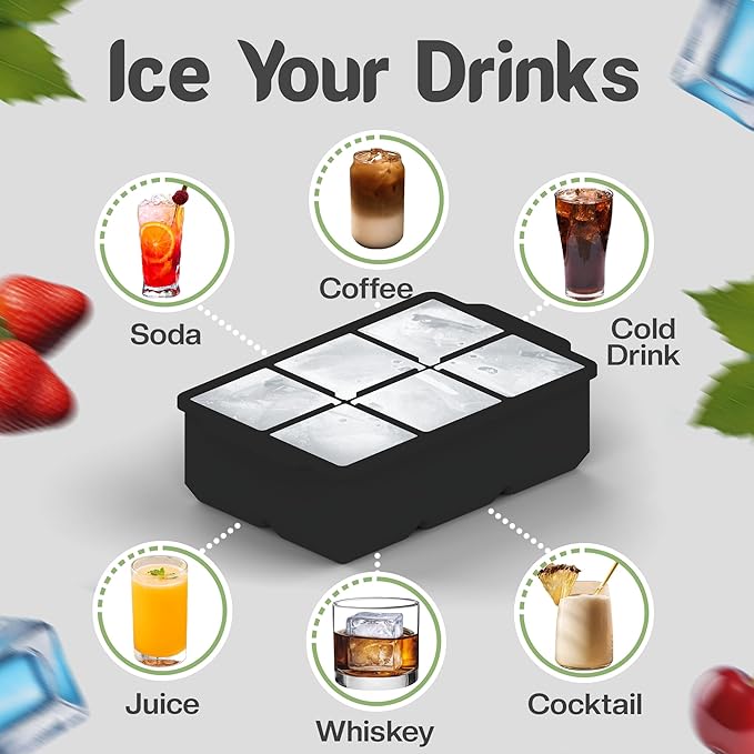 KitchFort Large Silicone Ice Cube Tray (2-Pack), Easy Release 2" Big Ice Cubes - Cocktail, Whiskey Ice Cubes Mold - Ice Trays for Freezer with Lid - Stackable Silicone Ice Tray - Black