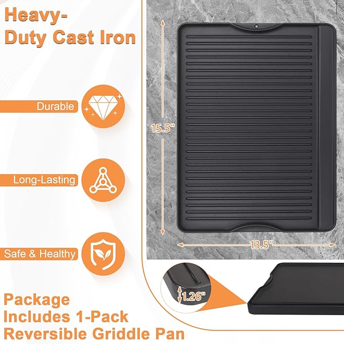 BBQ Griddle Insert for Camp Chef Reversible Griddle, Pre-Seasoned Griddle Plate for Camp Chef 1/2/3 Burner Stoves, Skillet,Oblong Pancake Pan for Outdoor Gas Grill/Stovetop,15.5" x 13.5" Cast Iron,1PC