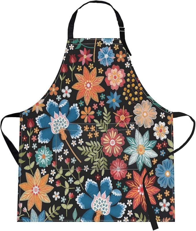 Britimes Apron Home Kitchen Cooking Baking Gardening for Women Men With Pockets Colorful Floral Flower Botanical Summer Vintage 32x28 inch