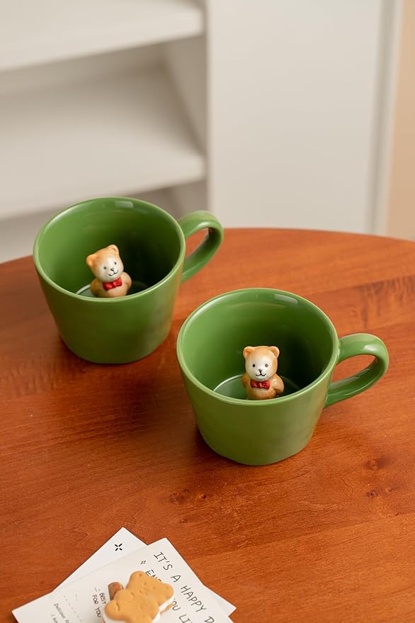DIHOclub Bow Tie Bear Coffee Cup Hidden Ceramic Animal Inside Mug,Cute Cartoon Handmade Figurine Mugs,Holiday and Birthday Gift for Coffee Milk Tea Lovers,12 Oz(Green)