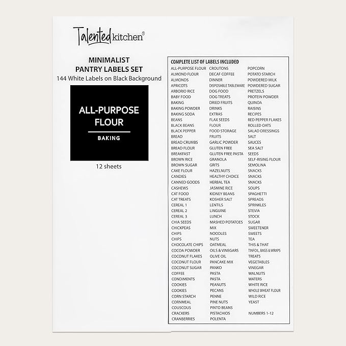 Talented Kitchen 144 Minimalist Pantry Labels – Preprinted White All-Caps on Matte Black Vinyl Stickers, Water-Resistant Adhesive Labels for Kitchen, Jars, Containers, Spices & Pantry Organization