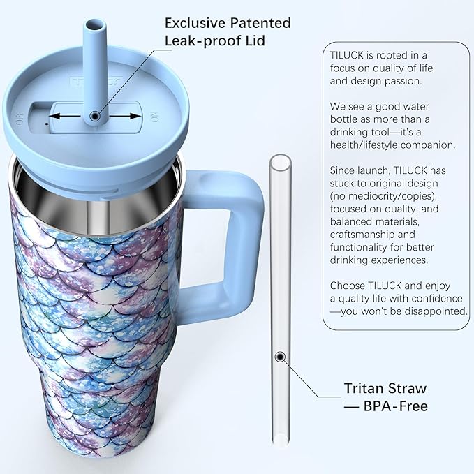 TILUCK 40 oz Tumbler with Handle, Vacuum Insulated Stainless Steel Travel Mug with 100% Leak-Proof Silicone Straw Lid, Cupholder Friendly Water Bottle(FishScales, 40oz)