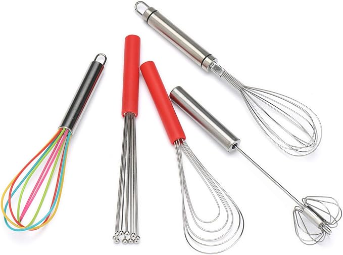 Flat Whisk Silicone Handle Non Slip 10" - 5 Wires Whisk with 10 Heads for Kitchen Cooking Color Red by Jell-Cell