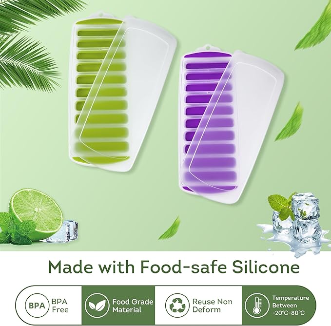 Lily's Home Silicone Ice Cube Tray with Lid Set of 2, BPA-Free, Ideal for Water Bottles & Sports Bottles, Flexible & Stackable Design for Quick Release, Ice Cube Trays for Freezer(11.81"*4.72"*0.95")