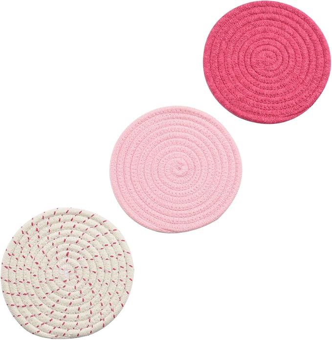 Kitchen Potholders Set Trivets Set 100% Pure Cotton Thread Weave Hot Pot Holders Set (Set of 3) Stylish Coasters, Hot Pads, Hot Mats, Spoon Rest For Cooking and Baking by Diameter 7 Inches (Pink)