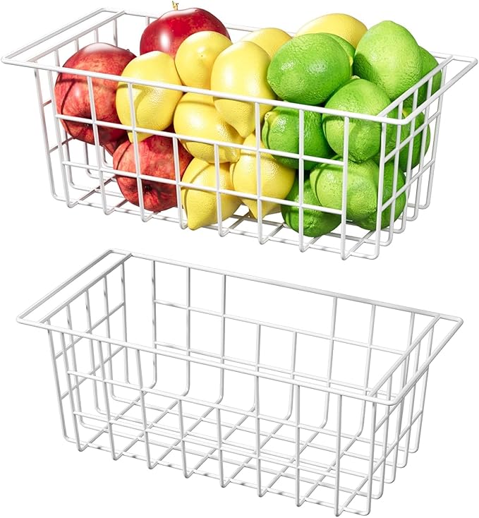 Slideep Chest Freezer Organizer Bins 16.5 Inch, Deep Upright Freezer Baskets Metal Wire Storage Container for Kitchen, White, Set of 2