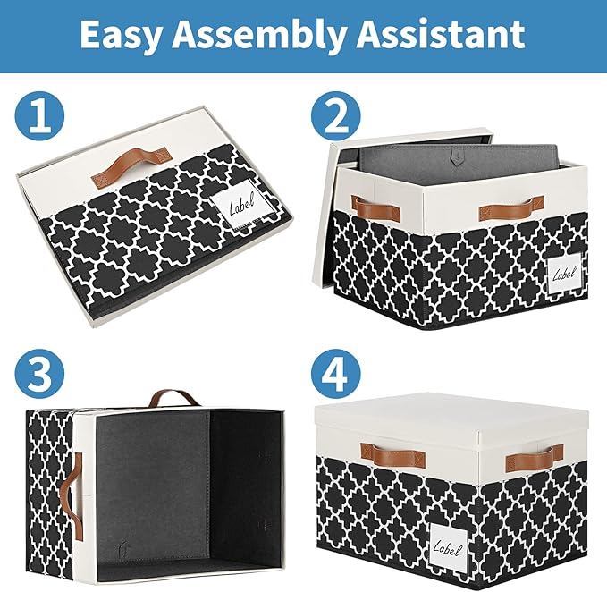 GhvyenntteS 6 Pack Fabric Storage Bins with Lids, Foldable Fabric Storage Boxes with Lids and 3 Handles, Sturdy Closet Organizers and Storage Bins with Label Window for Home (White&Lattice Black)