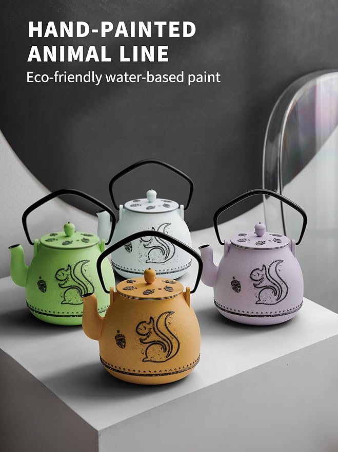 Toptier Teapot with Removable Infuser, Cast Iron Tea Kettle Stovetop Safe, Squirrel Design Tea Pot Coated with Enameled Interior for 32 Ounce (950 ml), Bright Green