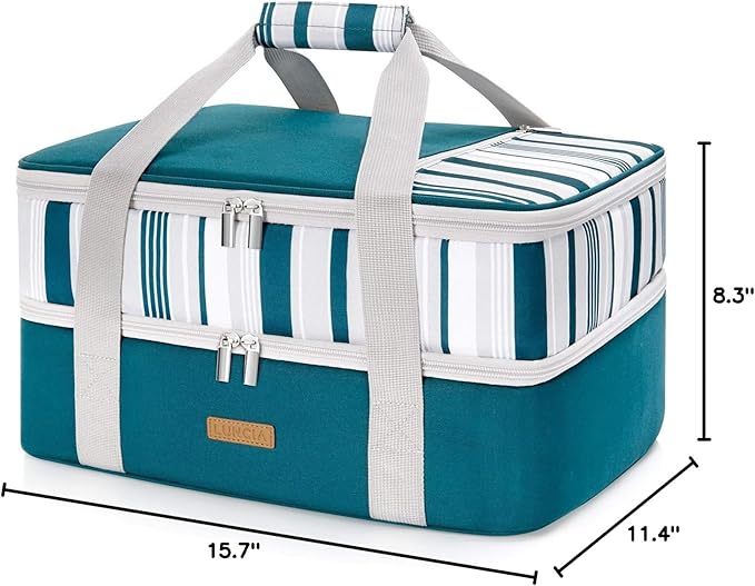 LUNCIA Double Decker Insulated Casserole Carrier for Hot or Cold Food, Lasagna Holder Tote for Potluck Parties/Picnic/Cookouts, Fits 9"x13" Baking Dish, Green