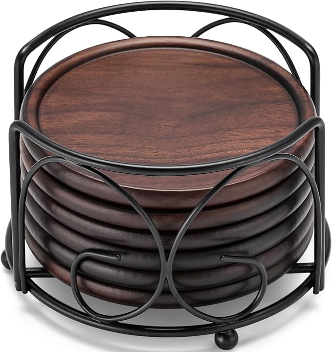 Wood Coasters with Metal Holder, GOH DODD Set of 6 Walnut Wooden Coaster Tabletop Protection for Drinks Coffee Table Home Kitchen Office Bar Living Room Decor Housewarming Gifts Wedding Party, 4 Inch
