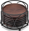 Wood Coasters with Metal Holder, GOH DODD Set of 6 Walnut Wooden Coaster Tabletop Protection for Drinks Coffee Table Home Kitchen Office Bar Living Room Decor Housewarming Gifts Wedding Party, 4 Inch